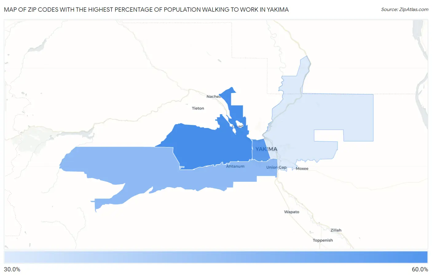 Zip Codes with the Highest Percentage of Population Walking to Work in Yakima Map