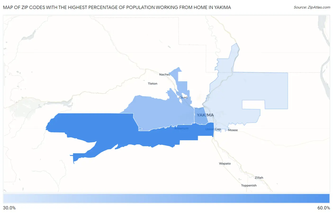 Zip Codes with the Highest Percentage of Population Working from Home in Yakima Map