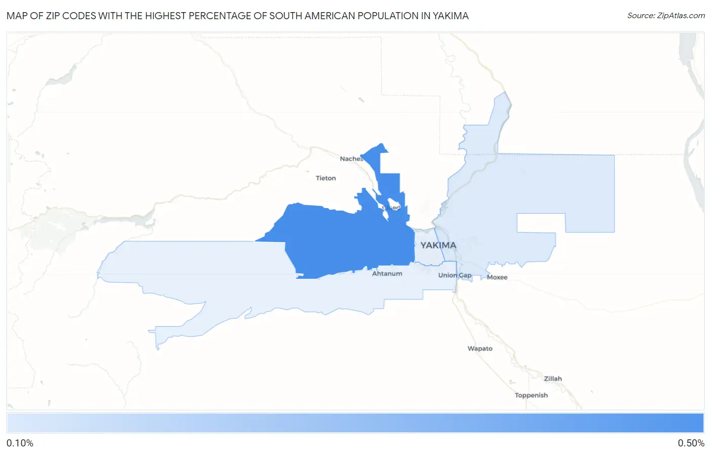 Zip Codes with the Highest Percentage of South American Population in Yakima Map