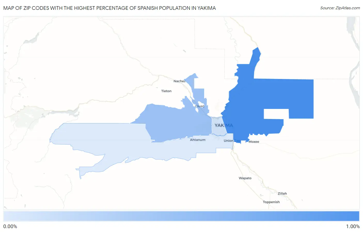 Zip Codes with the Highest Percentage of Spanish Population in Yakima Map