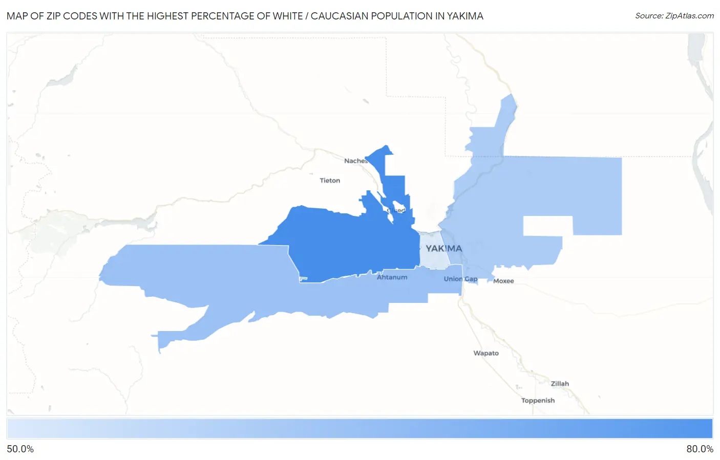 Zip Codes with the Highest Percentage of White / Caucasian Population in Yakima Map