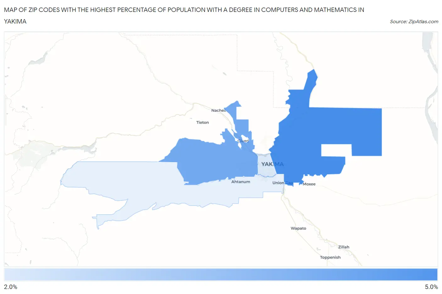 Zip Codes with the Highest Percentage of Population with a Degree in Computers and Mathematics in Yakima Map