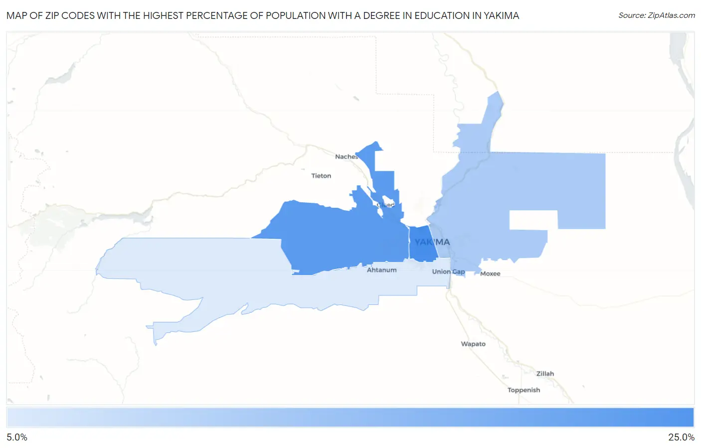 Zip Codes with the Highest Percentage of Population with a Degree in Education in Yakima Map