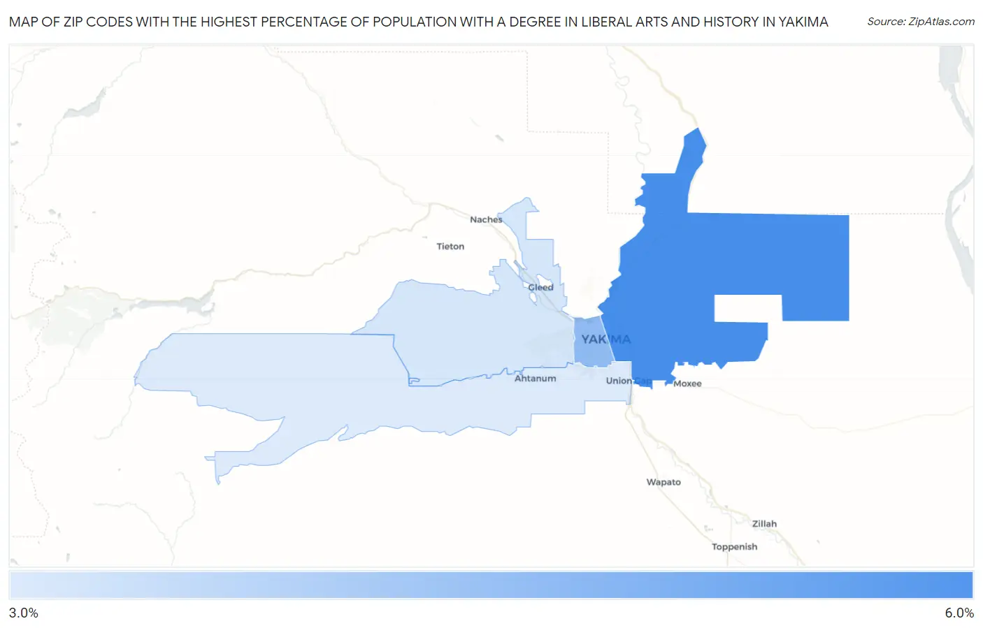 Zip Codes with the Highest Percentage of Population with a Degree in Liberal Arts and History in Yakima Map