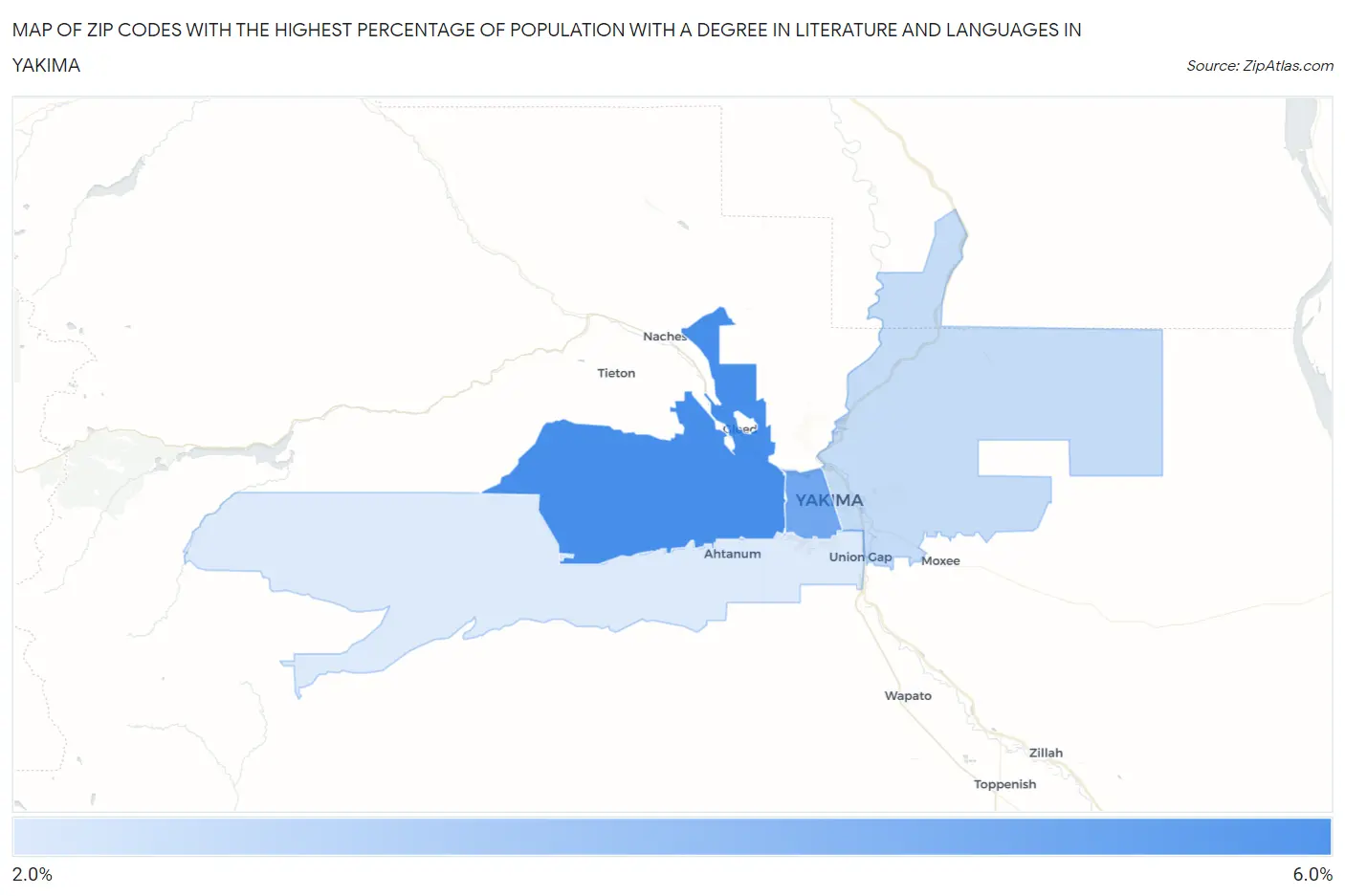 Zip Codes with the Highest Percentage of Population with a Degree in Literature and Languages in Yakima Map