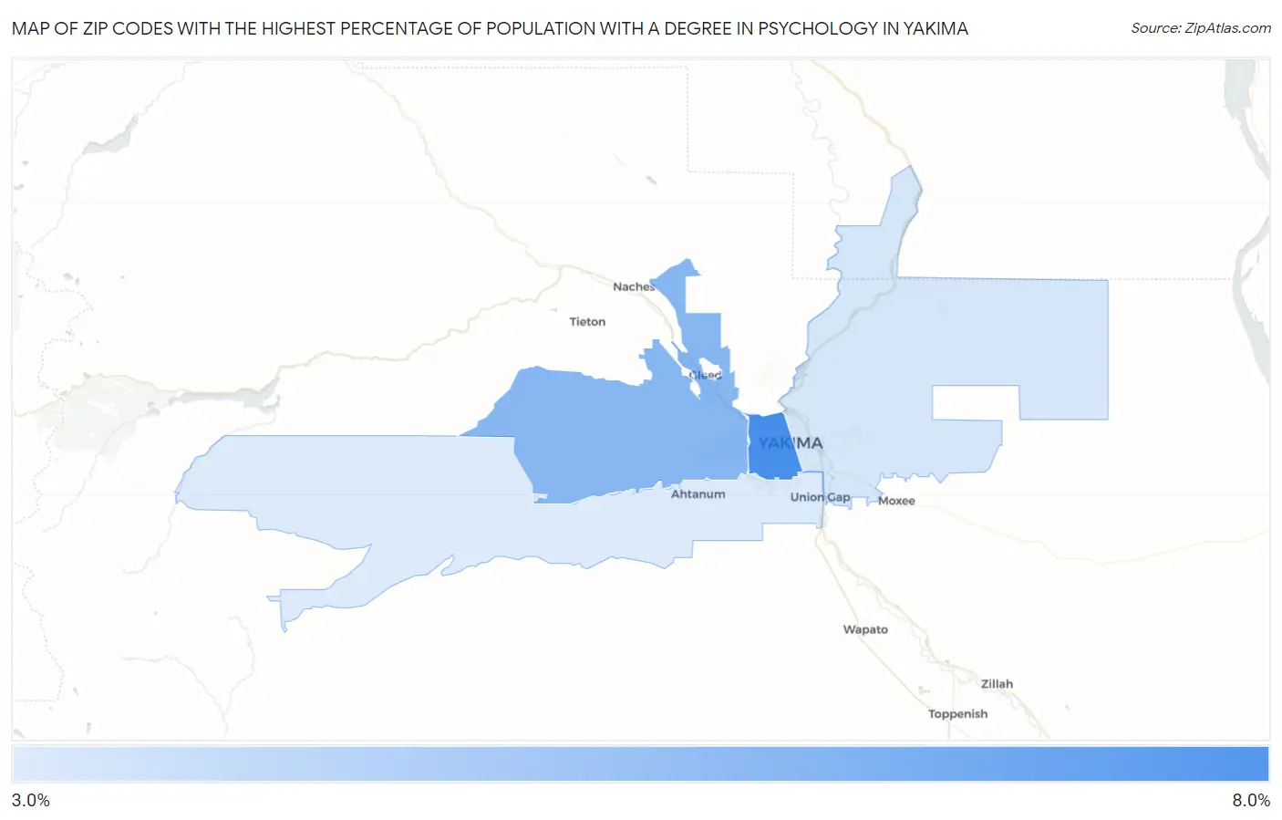 Zip Codes with the Highest Percentage of Population with a Degree in Psychology in Yakima Map