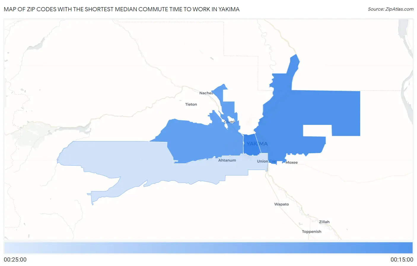 Zip Codes with the Shortest Median Commute Time to Work in Yakima Map