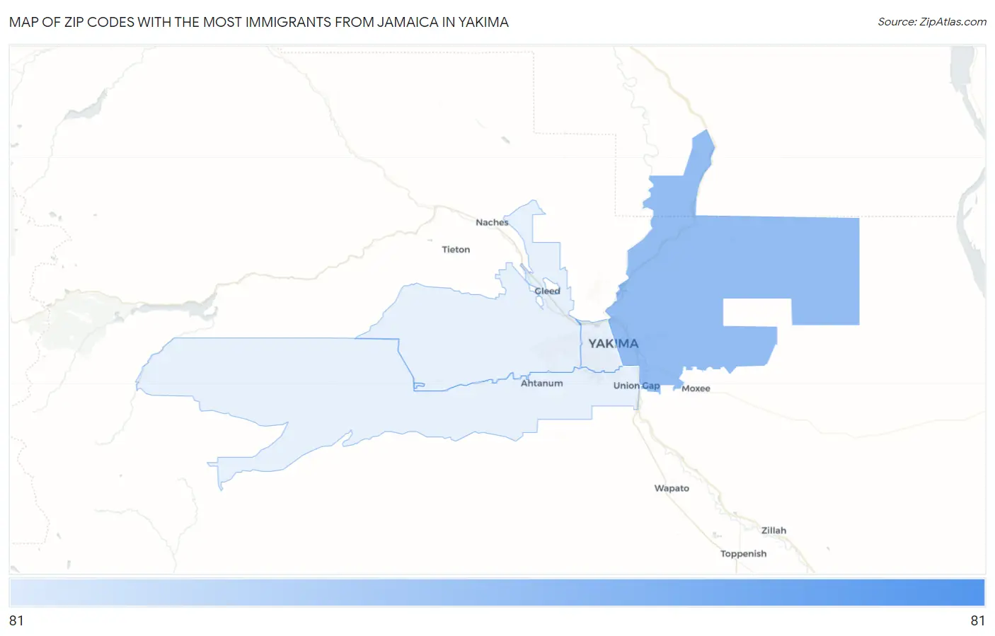 Zip Codes with the Most Immigrants from Jamaica in Yakima Map