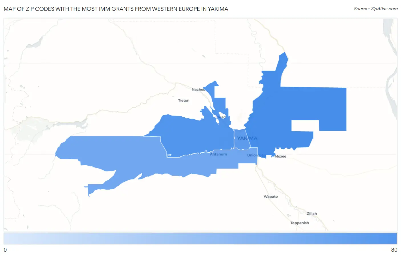 Zip Codes with the Most Immigrants from Western Europe in Yakima Map