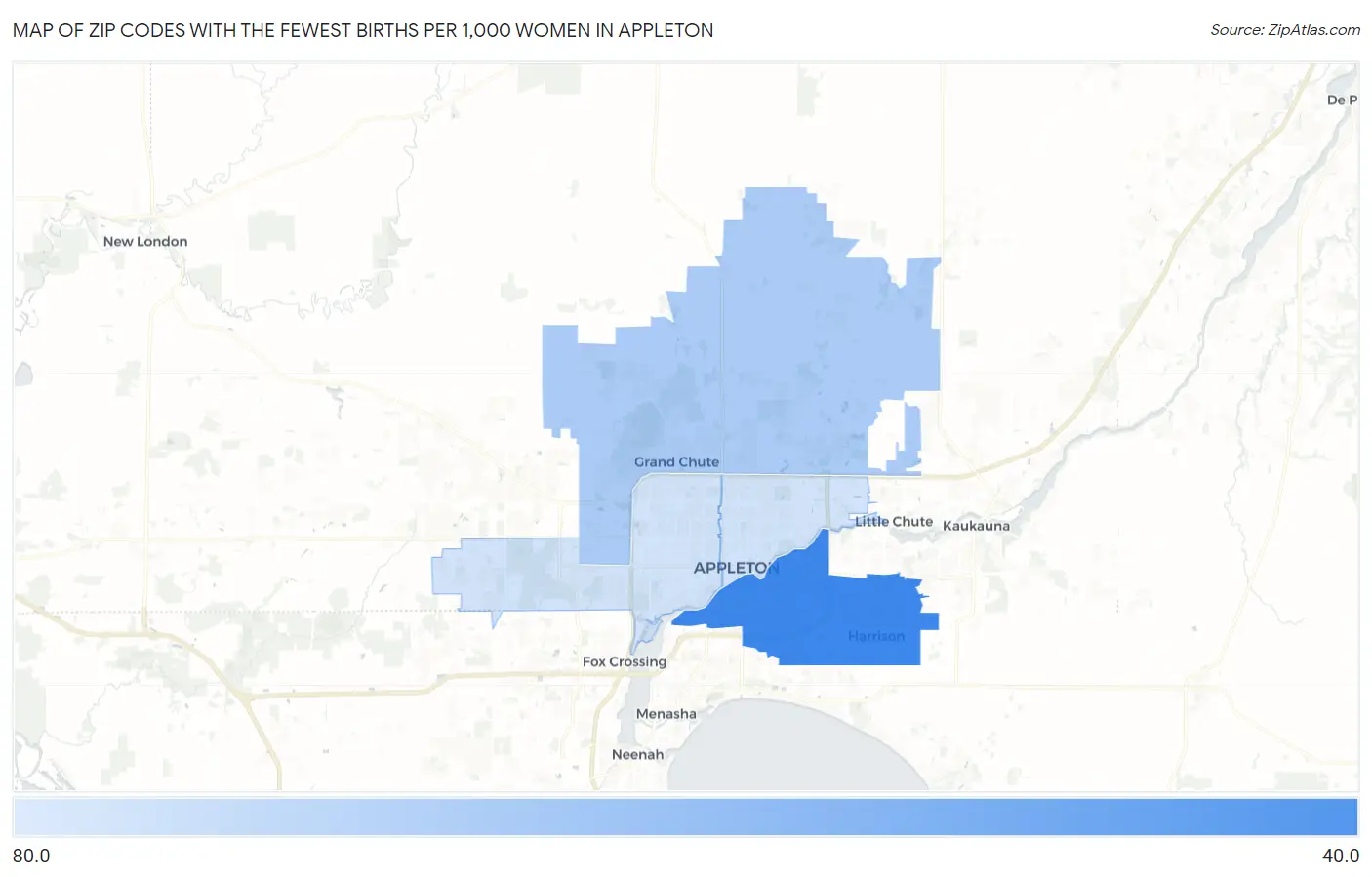 Zip Codes with the Fewest Births per 1,000 Women in Appleton Map