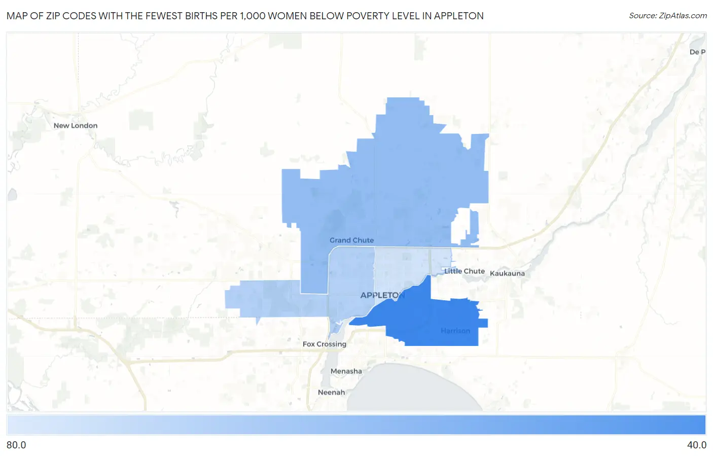 Zip Codes with the Fewest Births per 1,000 Women Below Poverty Level in Appleton Map