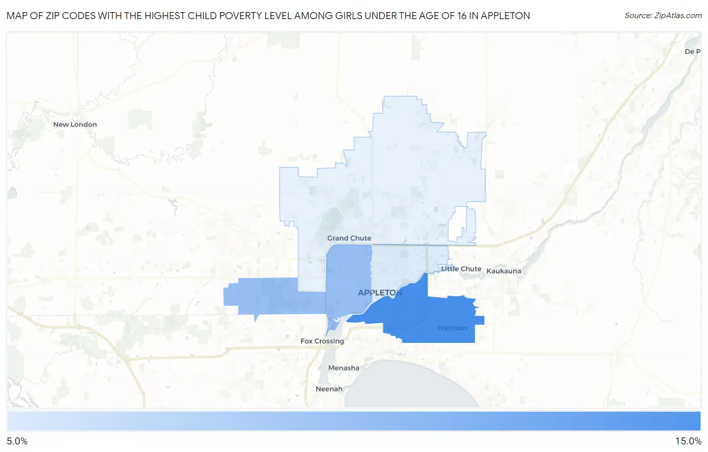 Zip Codes with the Highest Child Poverty Level Among Girls Under the Age of 16 in Appleton Map