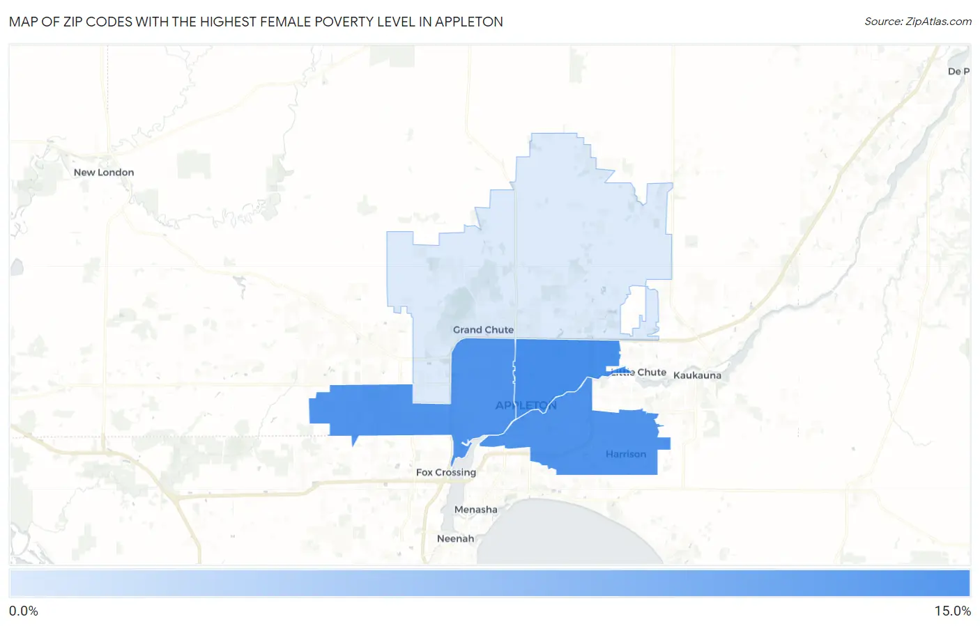Zip Codes with the Highest Female Poverty Level in Appleton Map