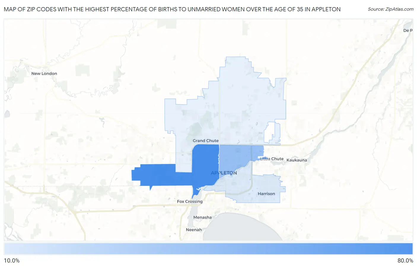 Zip Codes with the Highest Percentage of Births to Unmarried Women over the Age of 35 in Appleton Map