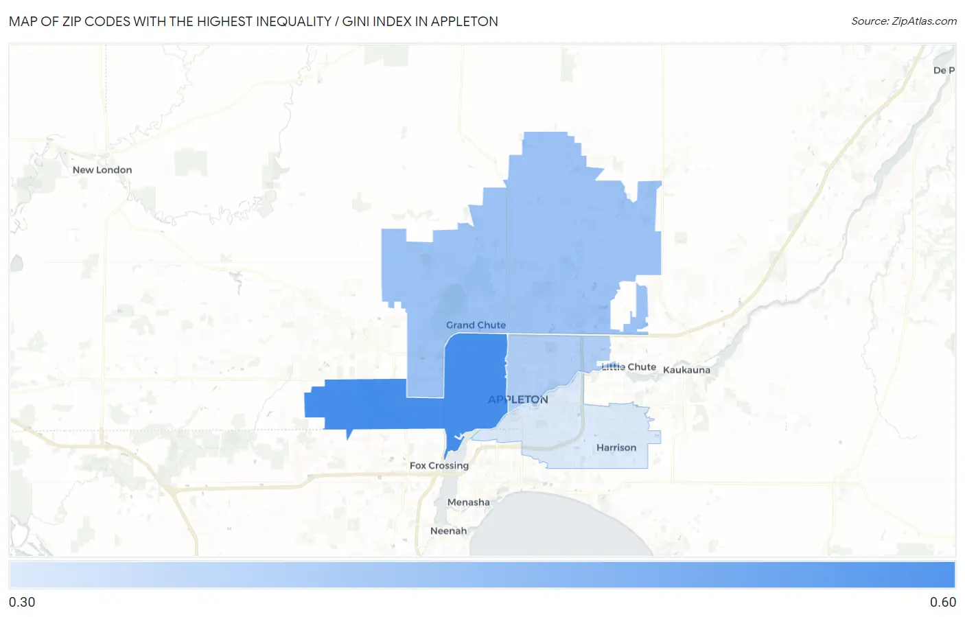 Zip Codes with the Highest Inequality / Gini Index in Appleton Map