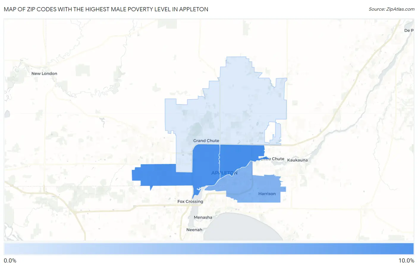 Zip Codes with the Highest Male Poverty Level in Appleton Map