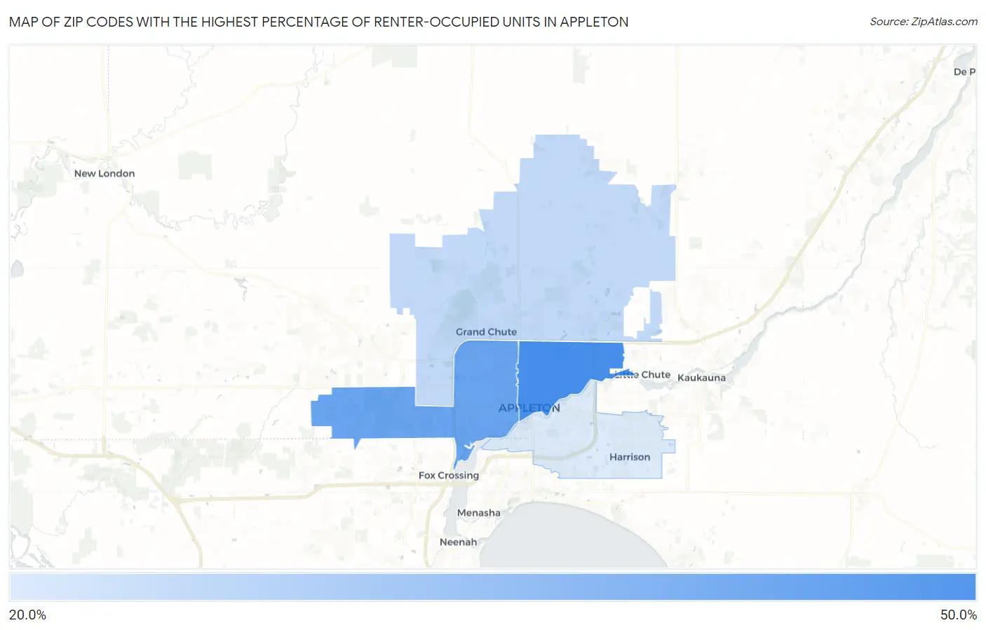 Zip Codes with the Highest Percentage of Renter-Occupied Units in Appleton Map