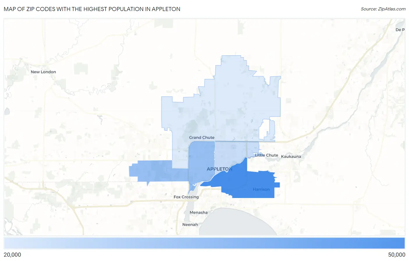 Zip Codes with the Highest Population in Appleton Map