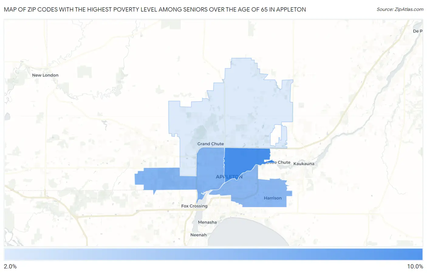 Zip Codes with the Highest Poverty Level Among Seniors Over the Age of 65 in Appleton Map