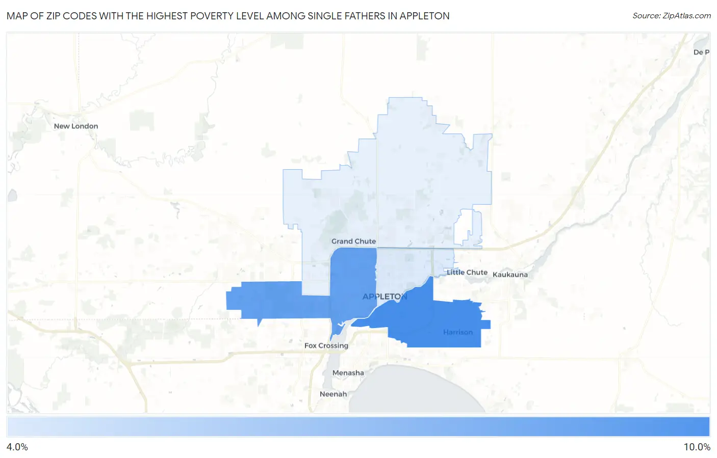 Zip Codes with the Highest Poverty Level Among Single Fathers in Appleton Map
