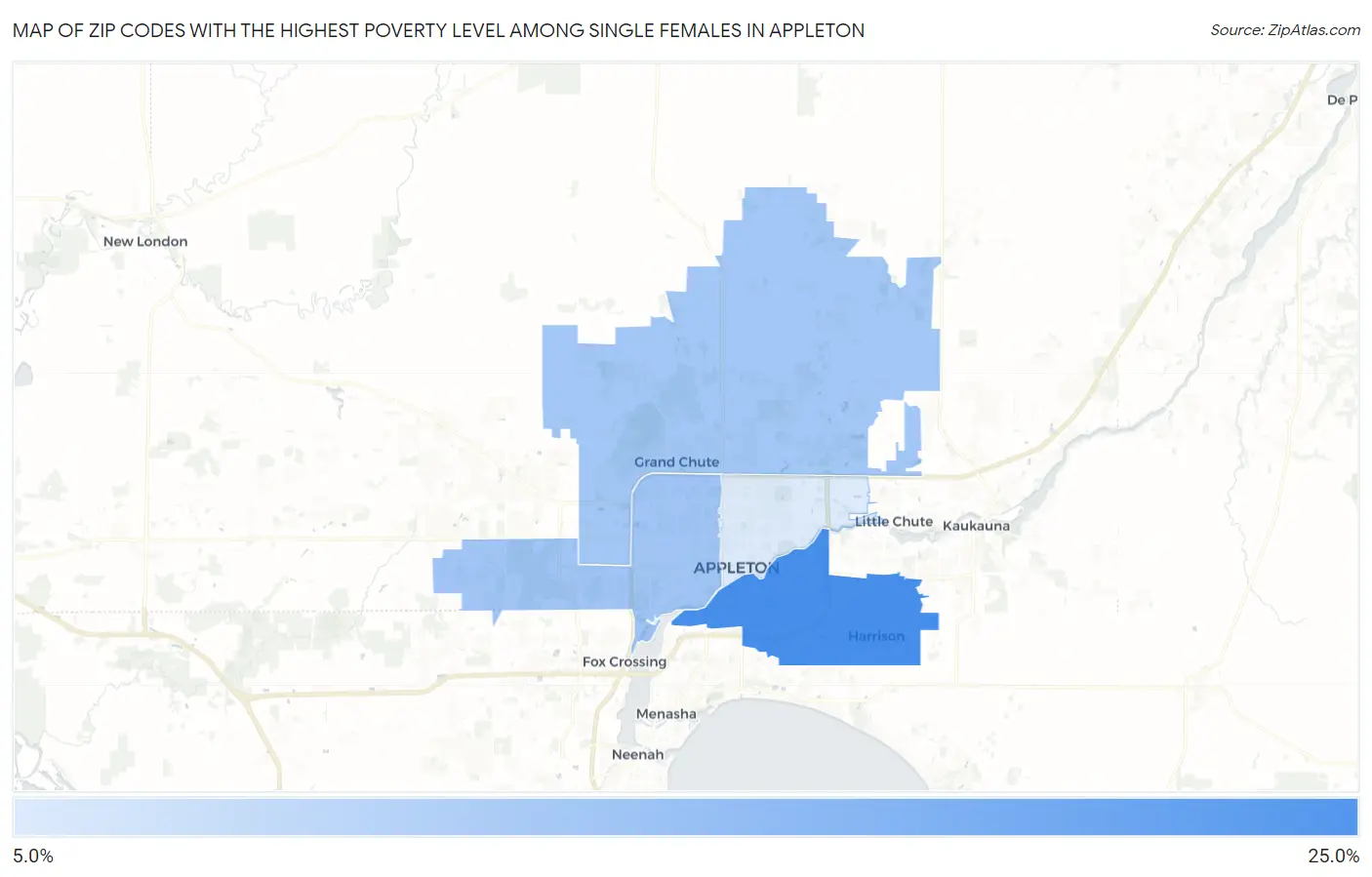 Zip Codes with the Highest Poverty Level Among Single Females in Appleton Map