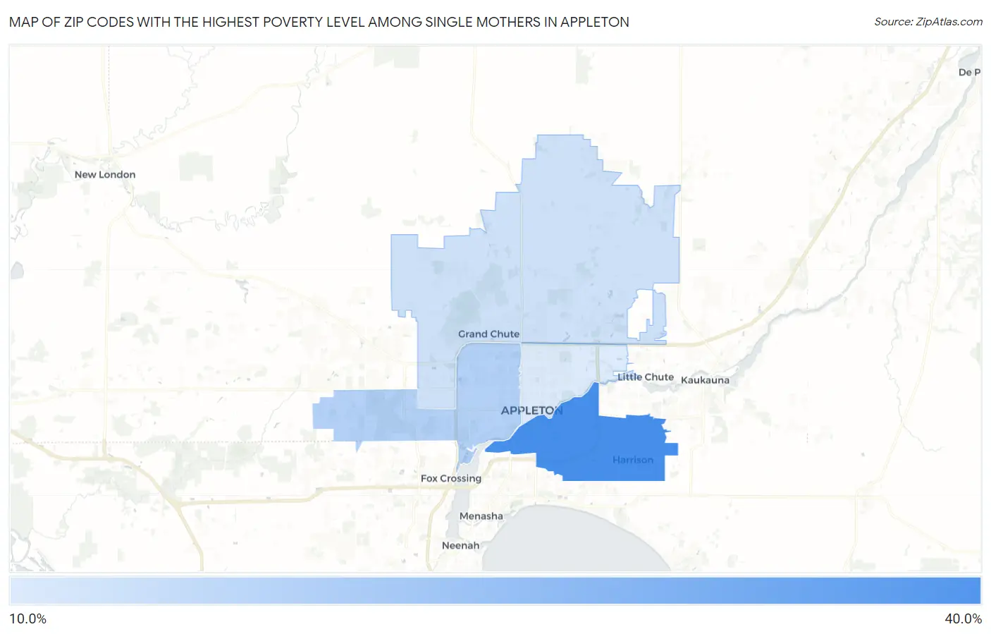 Zip Codes with the Highest Poverty Level Among Single Mothers in Appleton Map