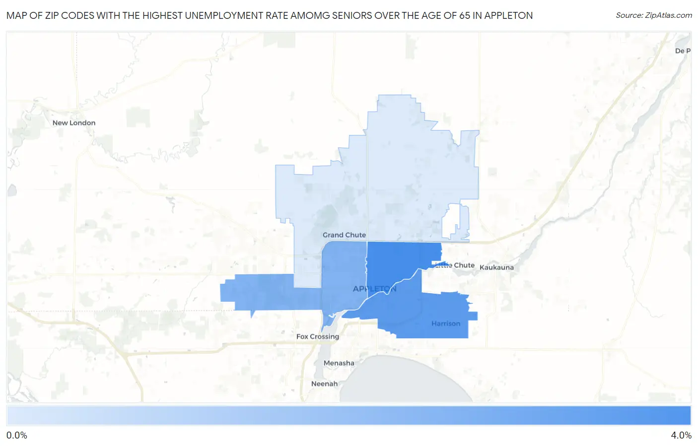 Zip Codes with the Highest Unemployment Rate Amomg Seniors Over the Age of 65 in Appleton Map