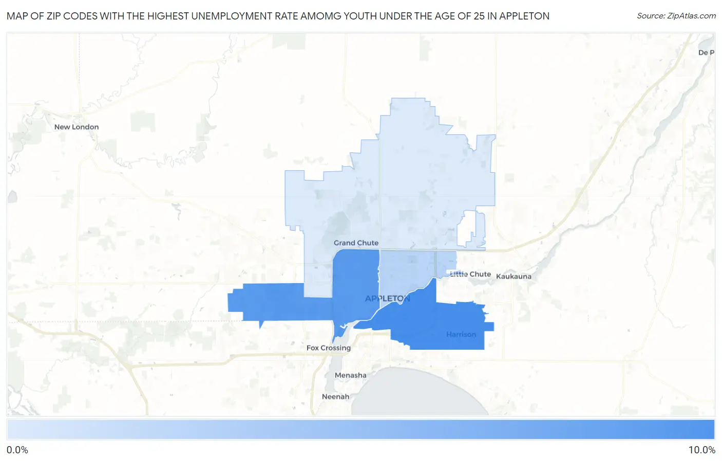 Zip Codes with the Highest Unemployment Rate Amomg Youth Under the Age of 25 in Appleton Map