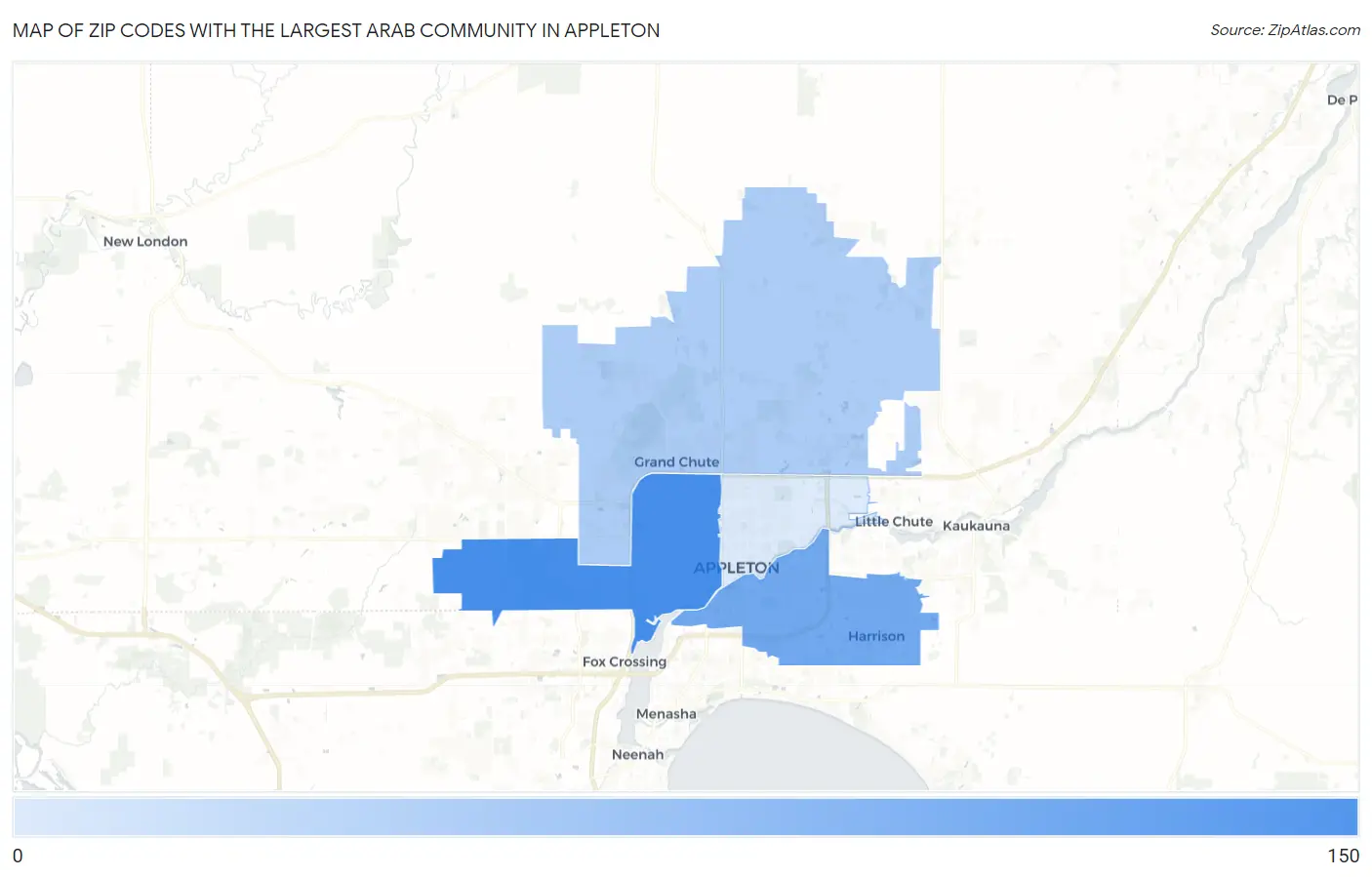 Zip Codes with the Largest Arab Community in Appleton Map
