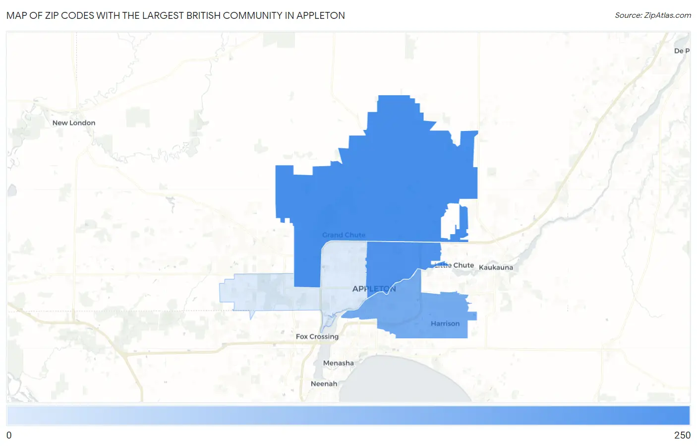 Zip Codes with the Largest British Community in Appleton Map