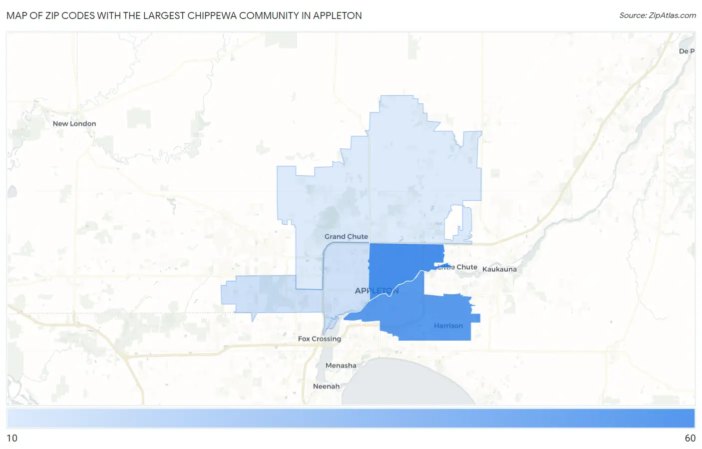 Zip Codes with the Largest Chippewa Community in Appleton Map