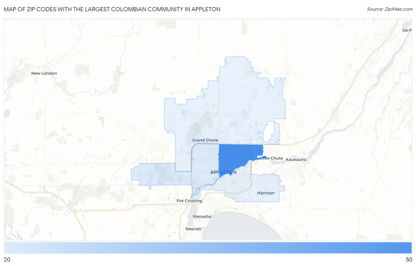 Zip Codes with the Largest Colombian Community in Appleton Map