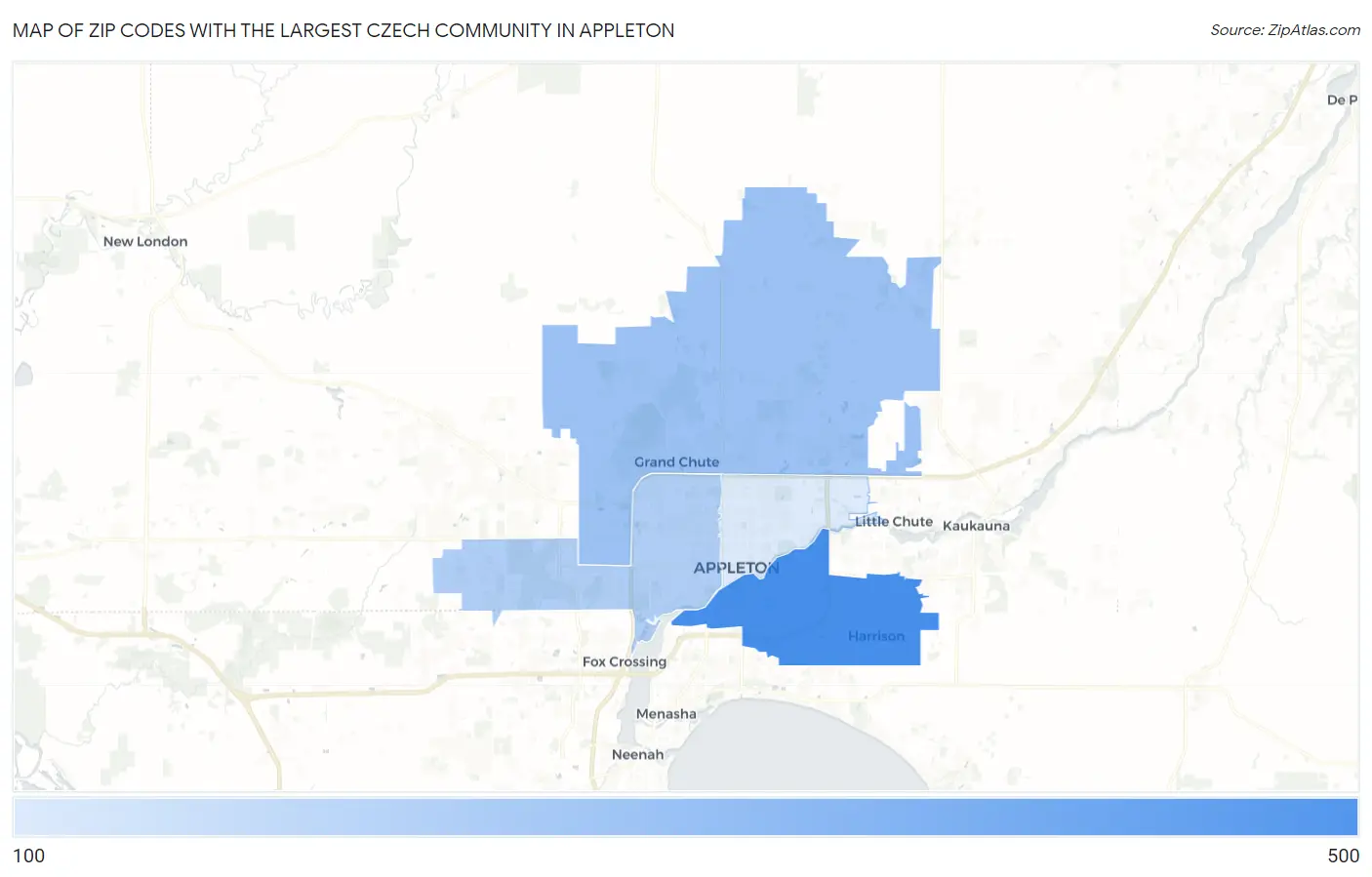 Zip Codes with the Largest Czech Community in Appleton Map