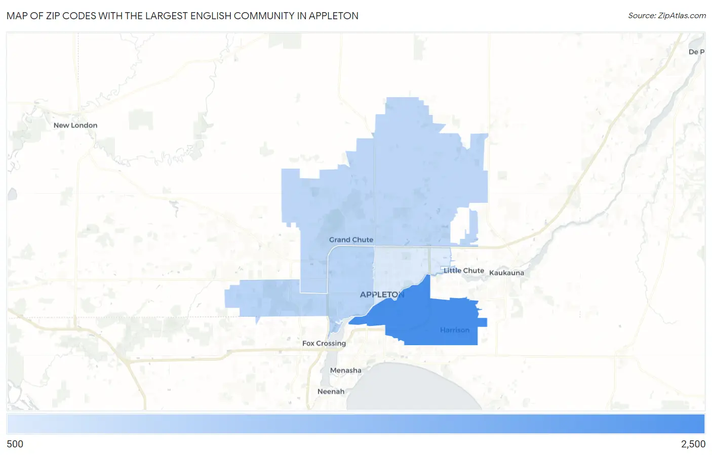 Zip Codes with the Largest English Community in Appleton Map