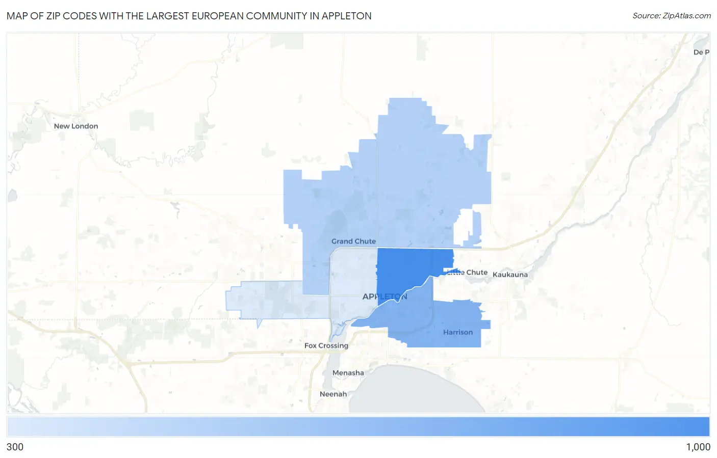Zip Codes with the Largest European Community in Appleton Map