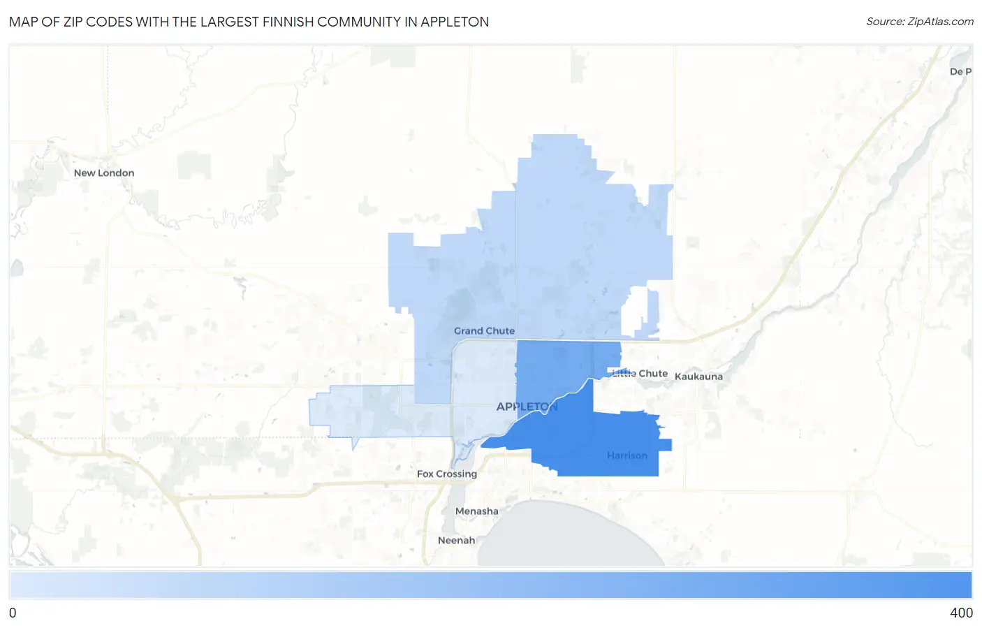 Zip Codes with the Largest Finnish Community in Appleton Map
