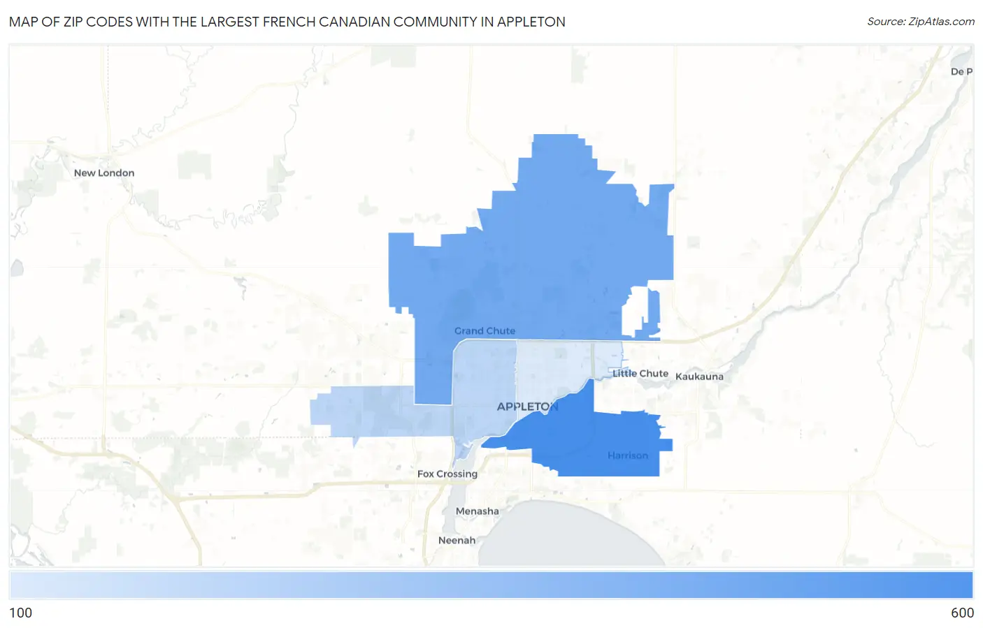 Zip Codes with the Largest French Canadian Community in Appleton Map
