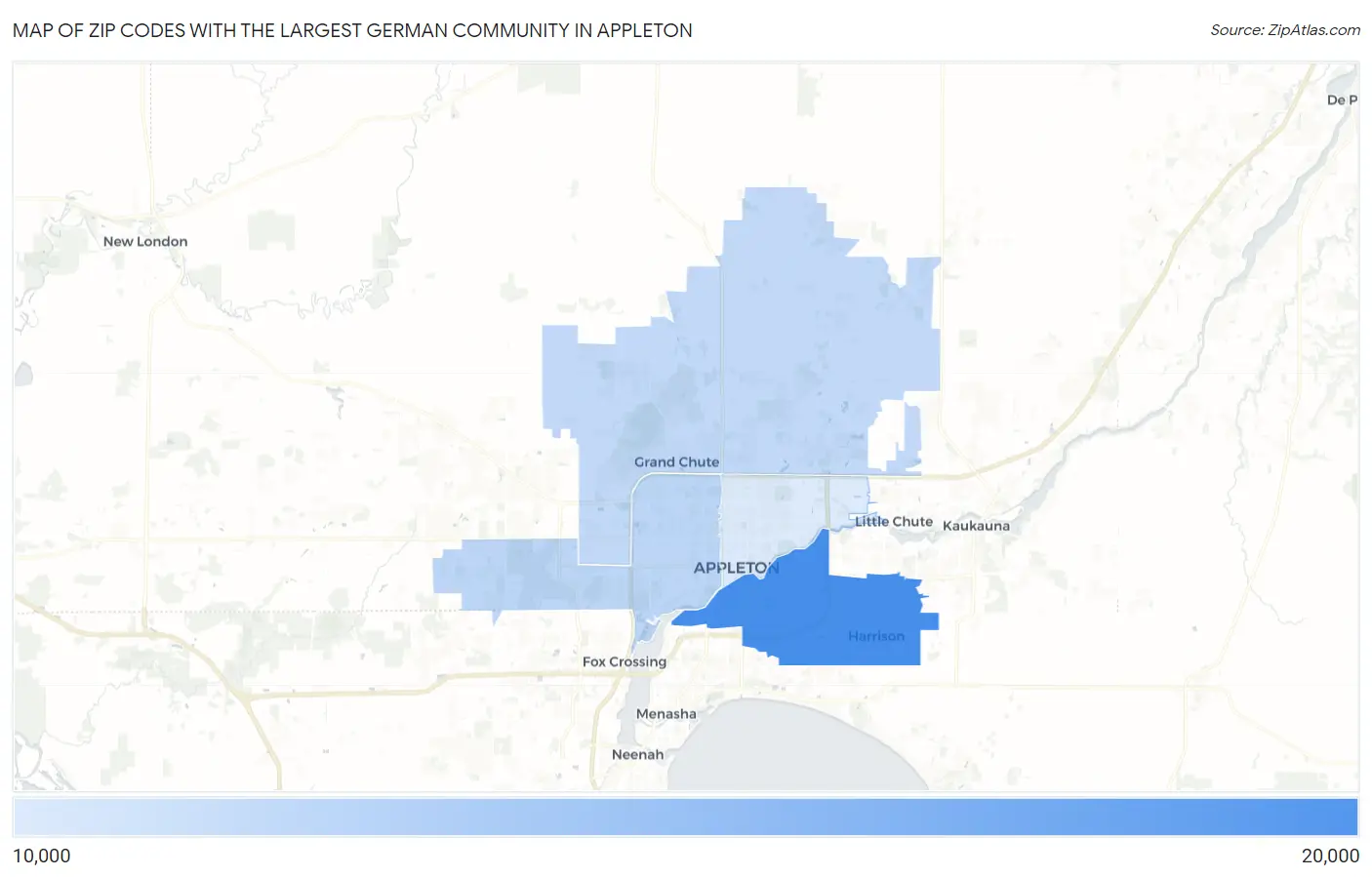 Zip Codes with the Largest German Community in Appleton Map