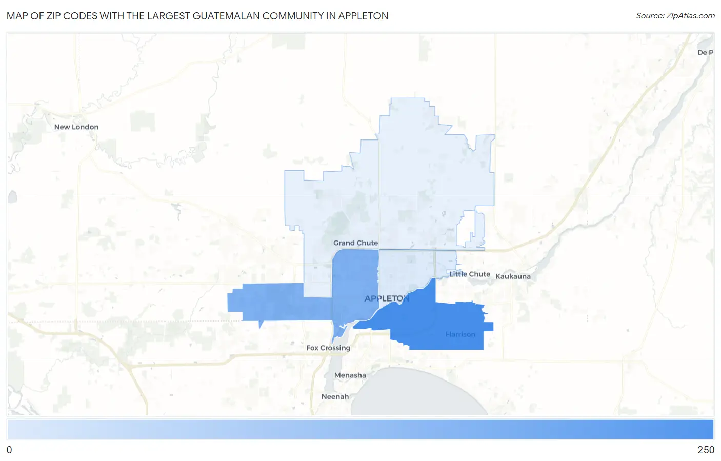 Zip Codes with the Largest Guatemalan Community in Appleton Map