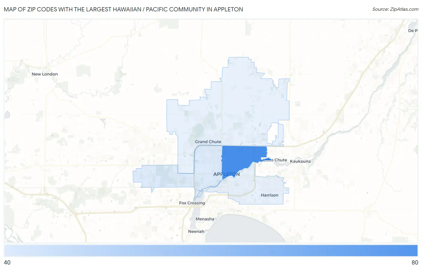 Zip Codes with the Largest Hawaiian / Pacific Community in Appleton Map