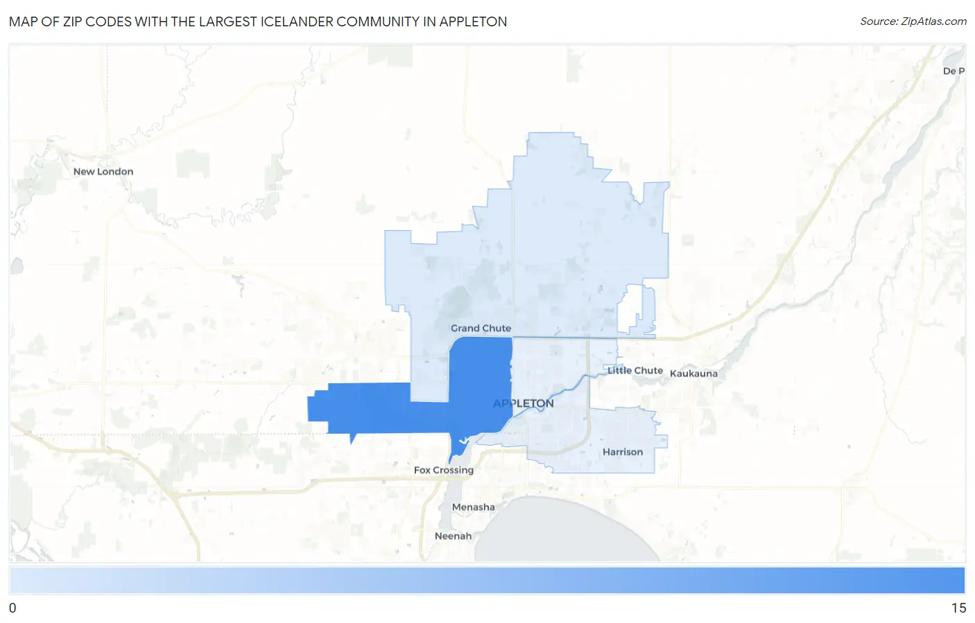 Zip Codes with the Largest Icelander Community in Appleton Map