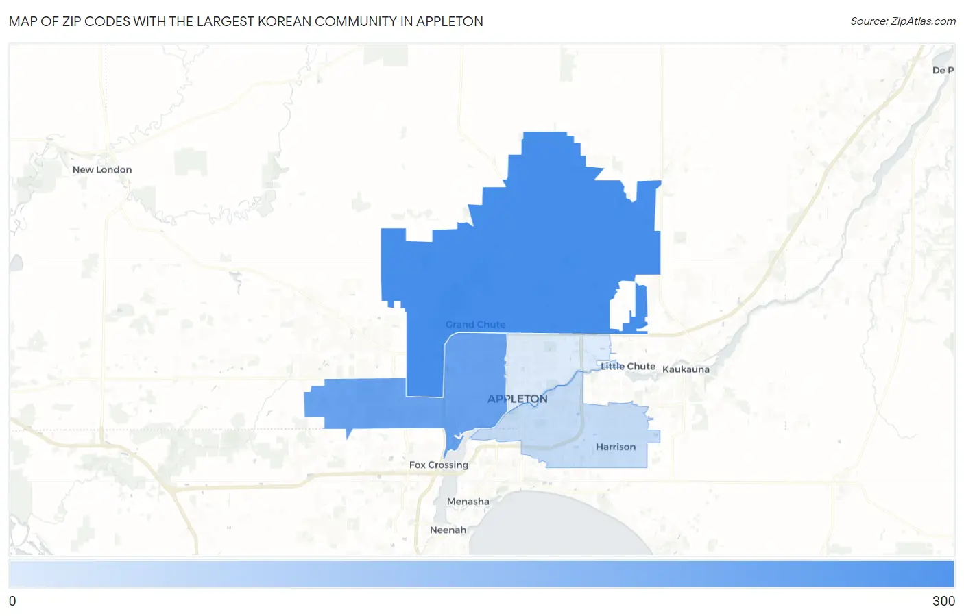 Zip Codes with the Largest Korean Community in Appleton Map