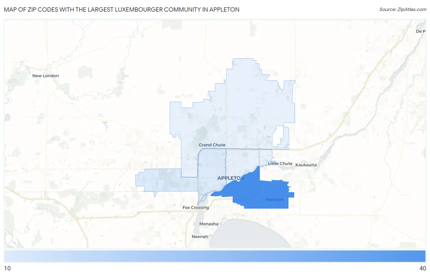 Zip Codes with the Largest Luxembourger Community in Appleton Map