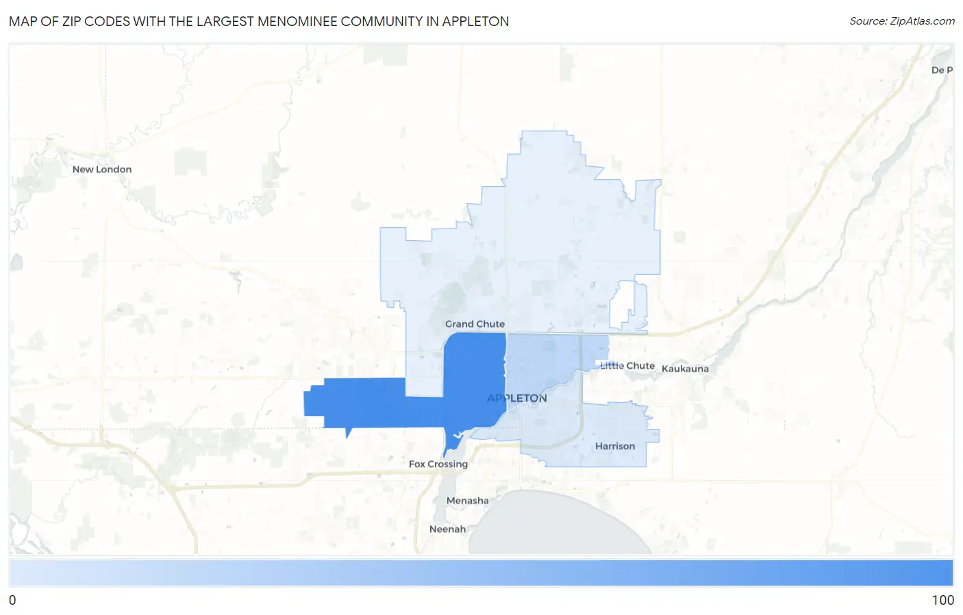 Zip Codes with the Largest Menominee Community in Appleton Map