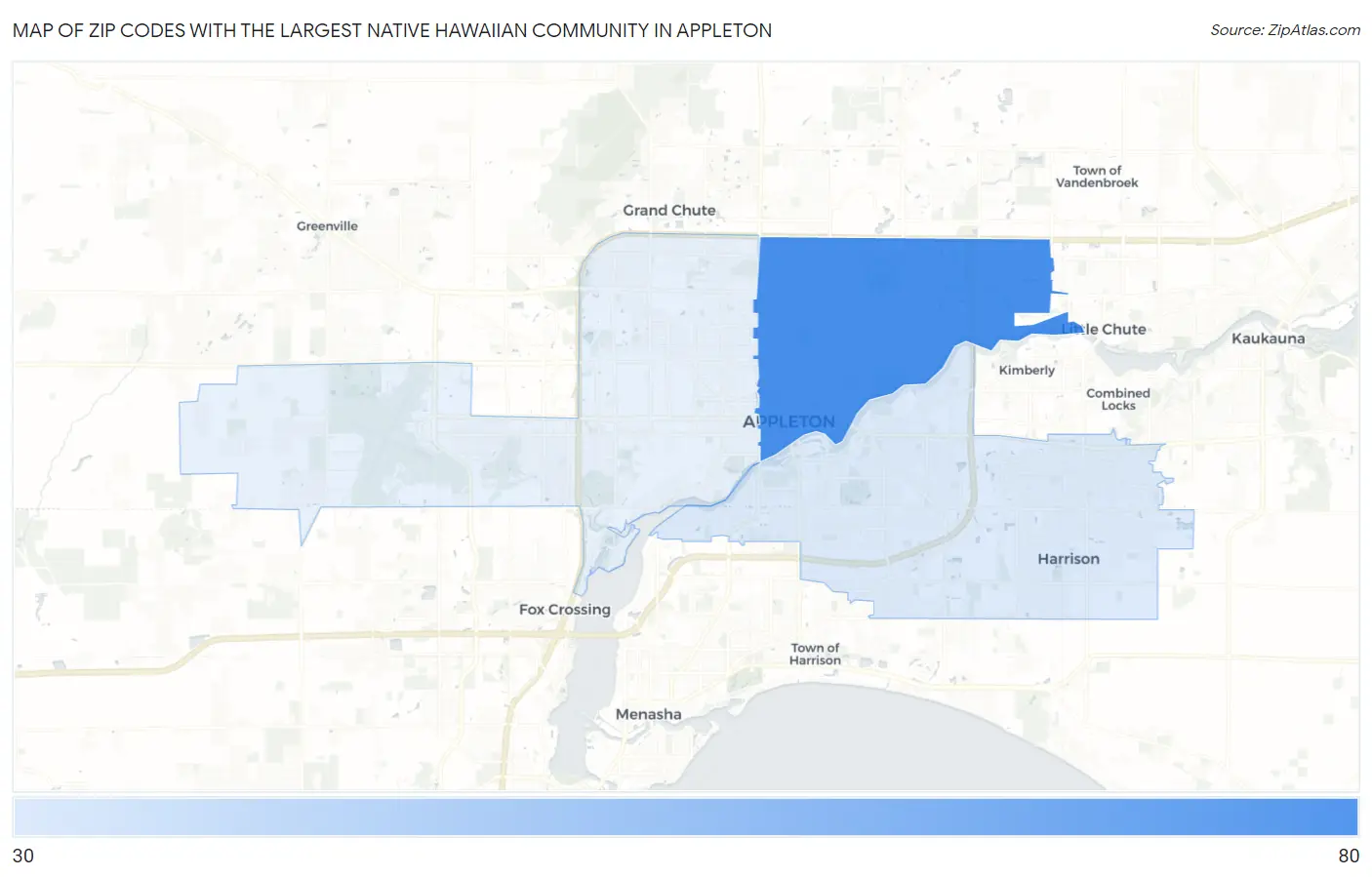 Zip Codes with the Largest Native Hawaiian Community in Appleton Map