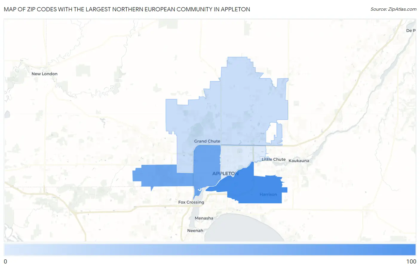 Zip Codes with the Largest Northern European Community in Appleton Map