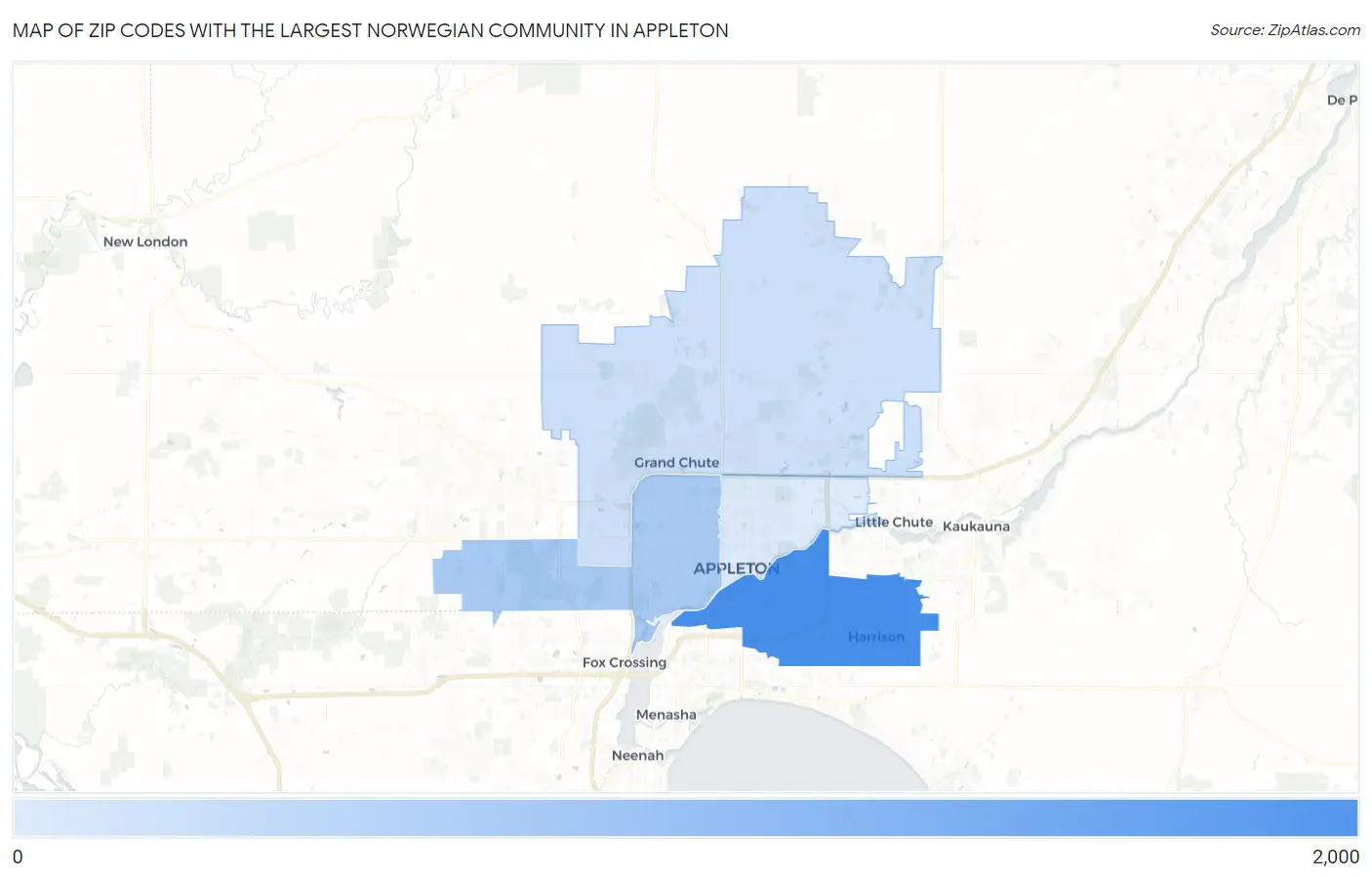 Zip Codes with the Largest Norwegian Community in Appleton Map
