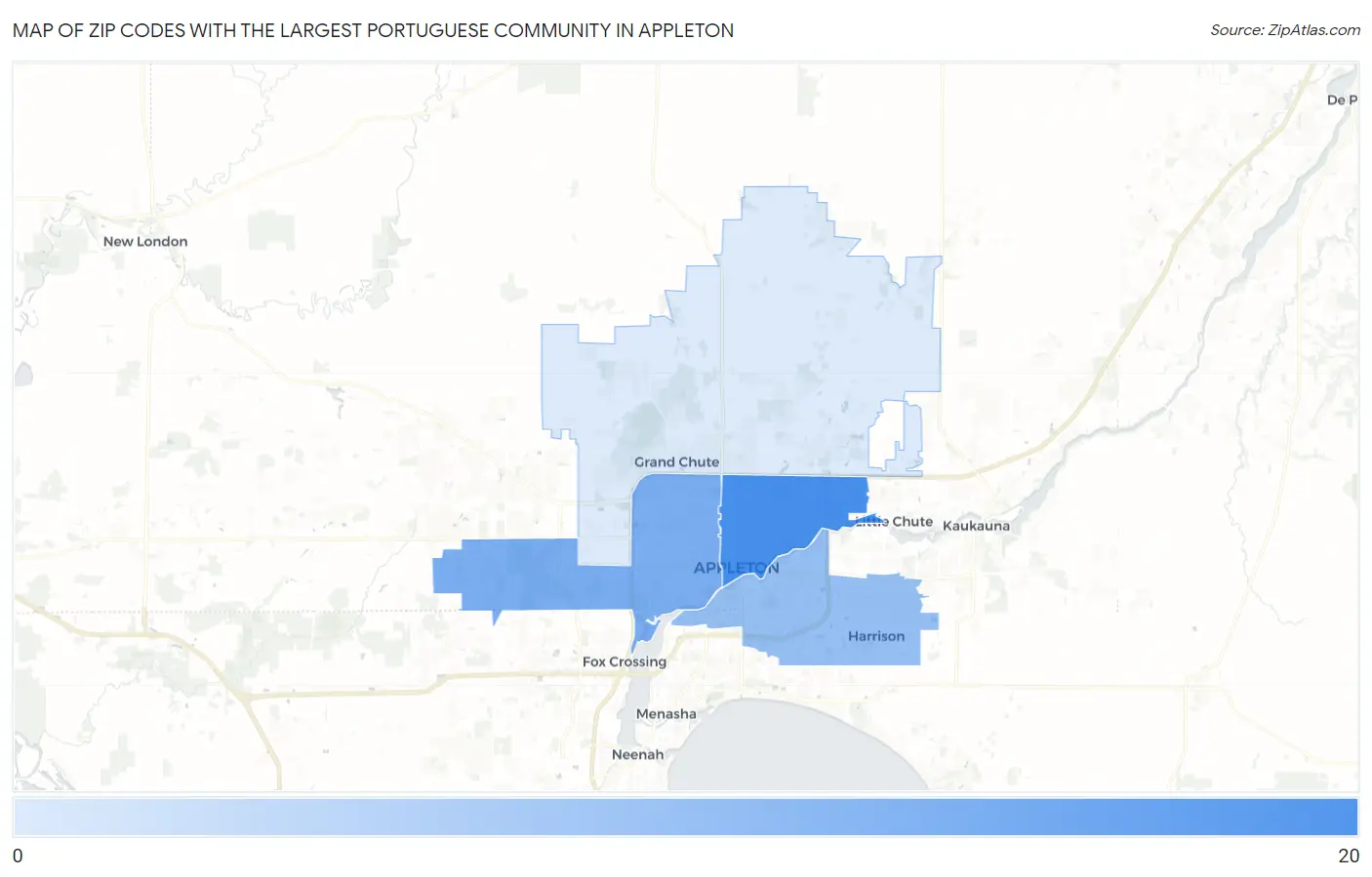 Zip Codes with the Largest Portuguese Community in Appleton Map
