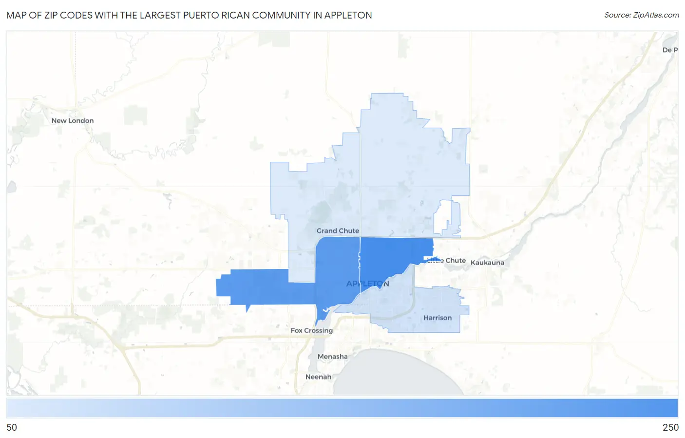 Zip Codes with the Largest Puerto Rican Community in Appleton Map