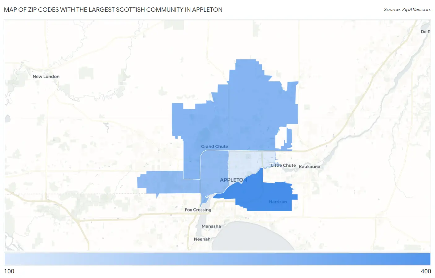 Zip Codes with the Largest Scottish Community in Appleton Map